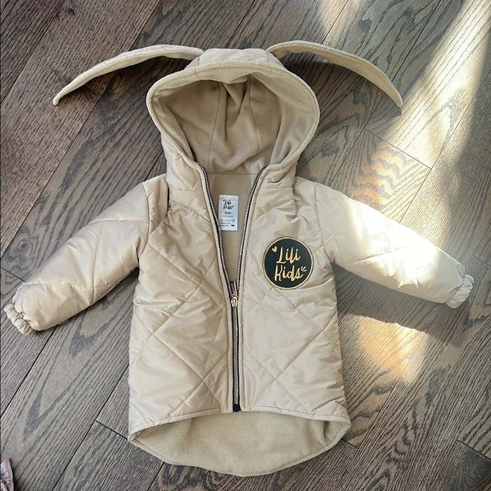 Tan Quilted Hooded Jacket with Ears 12-18 months baby ! European EUC
